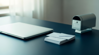 メールが届かないトラブルをイメージした、封筒とノートPCのデスク