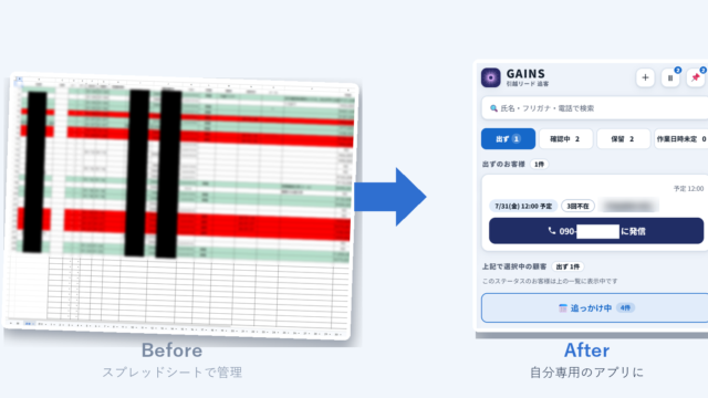 スプレッドシートでの顧客管理から、自作アプリGAINSへ移行した前後の比較