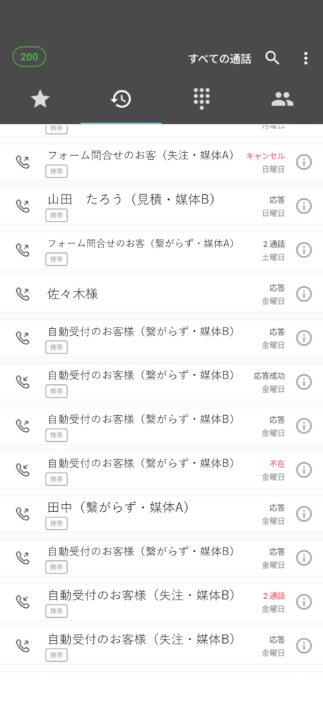 通話アプリの履歴に、顧客リストの名前と状況が表示されている画面