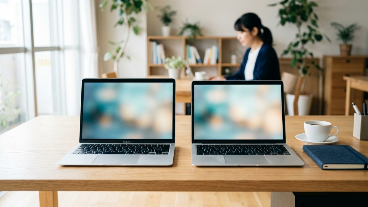 自動保存の上書き事故を象徴する、同じデスクに並んだ2台のノートPC