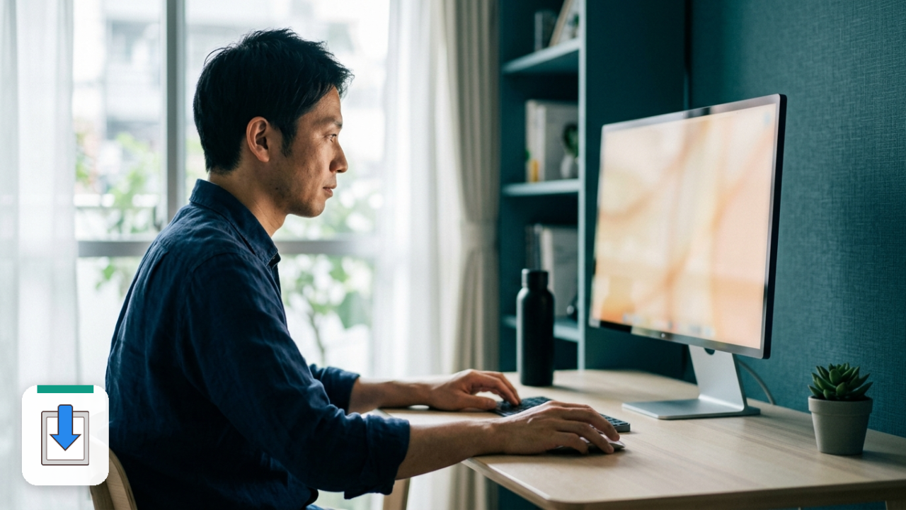 モニタの前で原因を探している男性