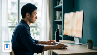 モニタの前で原因を探している男性