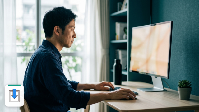 モニタの前で原因を探している男性
