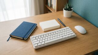 Google日本語入力の辞書を一括登録するイメージ。整えられたデスクとキーボード