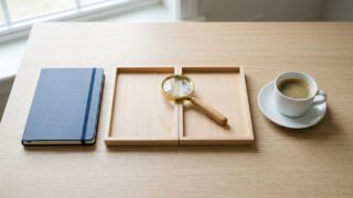 並んだ2つのトレイと虫めがね。表記ゆれの見分けを表したデスクの写真