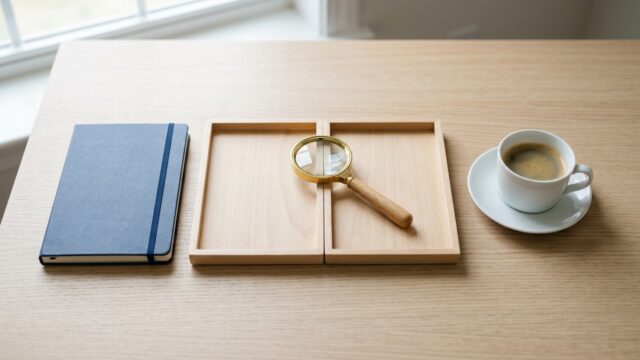 並んだ2つのトレイと虫めがね。表記ゆれの見分けを表したデスクの写真