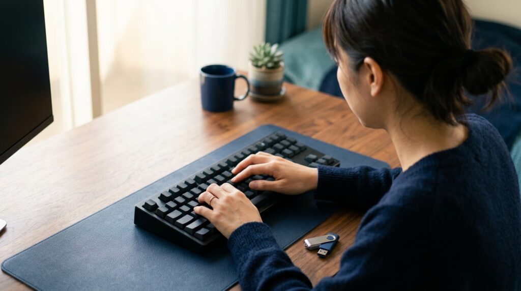 Google日本語入力のユーザー辞書を打ち込む手元とUSBメモリ