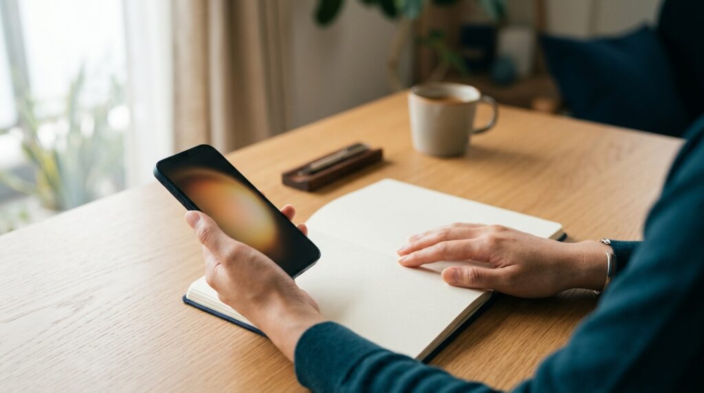 電話をしながらスマホで入力している手元