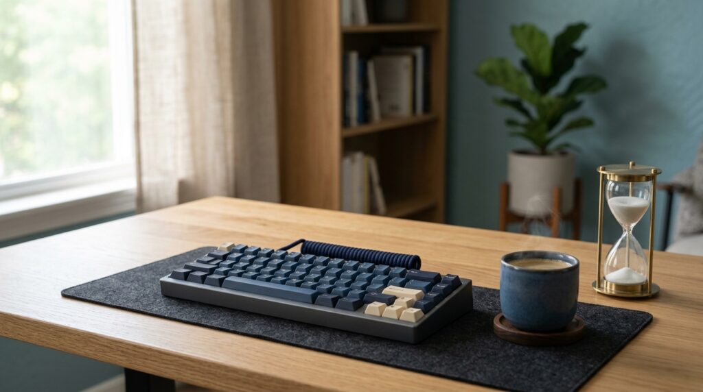 入力が消える時間の流れをイメージした、砂時計とキーボードのあるデスク