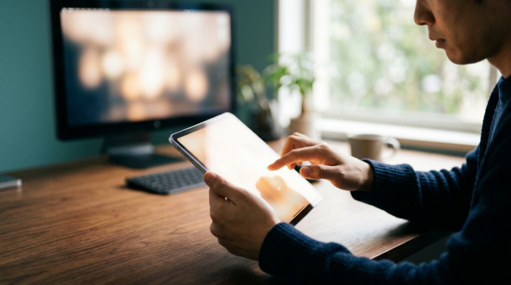 タブレットを持って画面を操作している手元