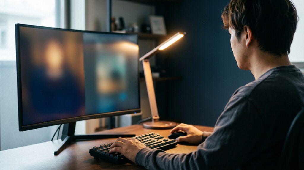 CliborとWindows標準の違いを画面で比べている男性の後ろ姿