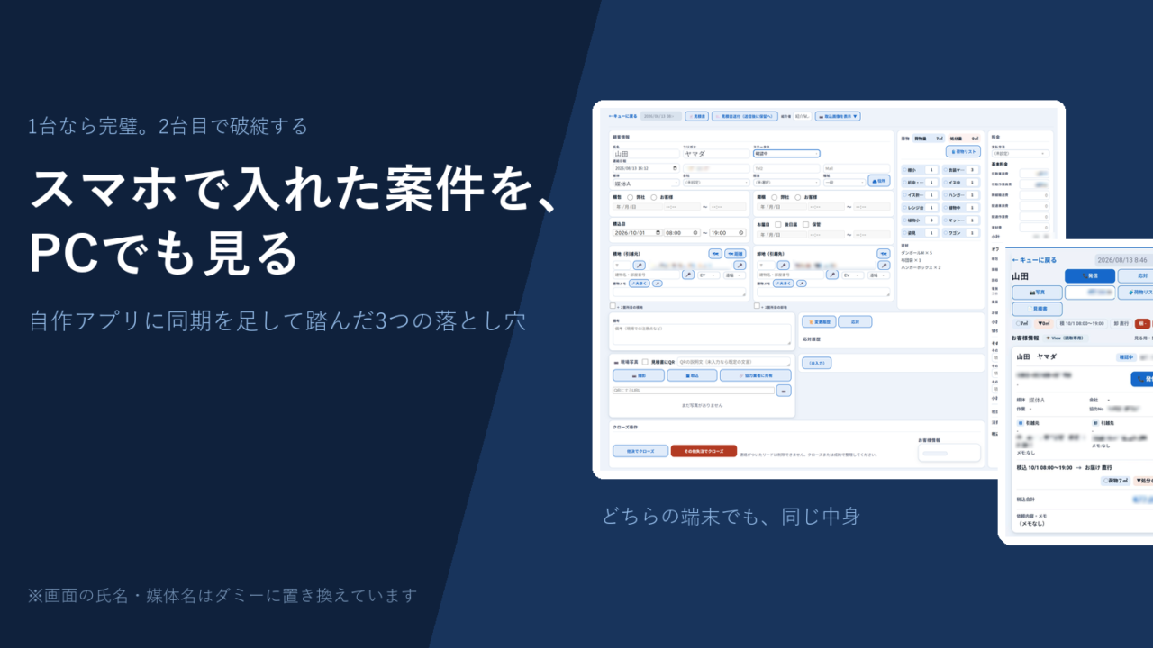 同じ案件をPCとスマホの両方で開いている画面