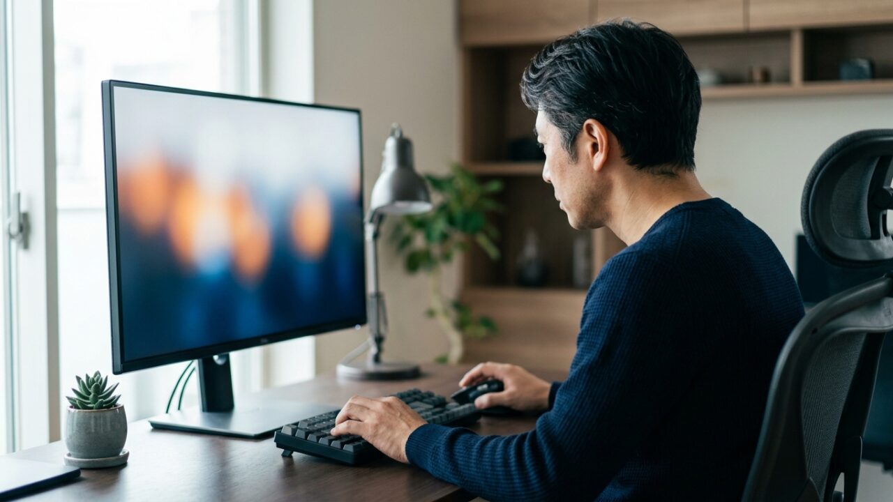本番データを表示したモニタの前で、原因を切り分けようと考え込む男性