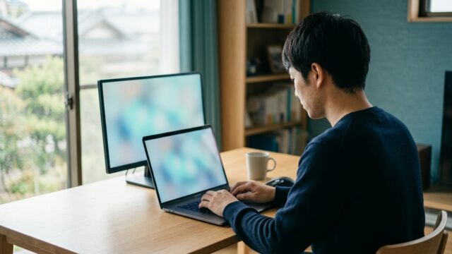 ノートパソコンでAIにブログ記事を書かせている様子