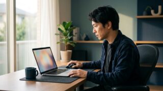 ノートパソコンの画面を見つめながらグラフの表示崩れを確認する男性の横顔