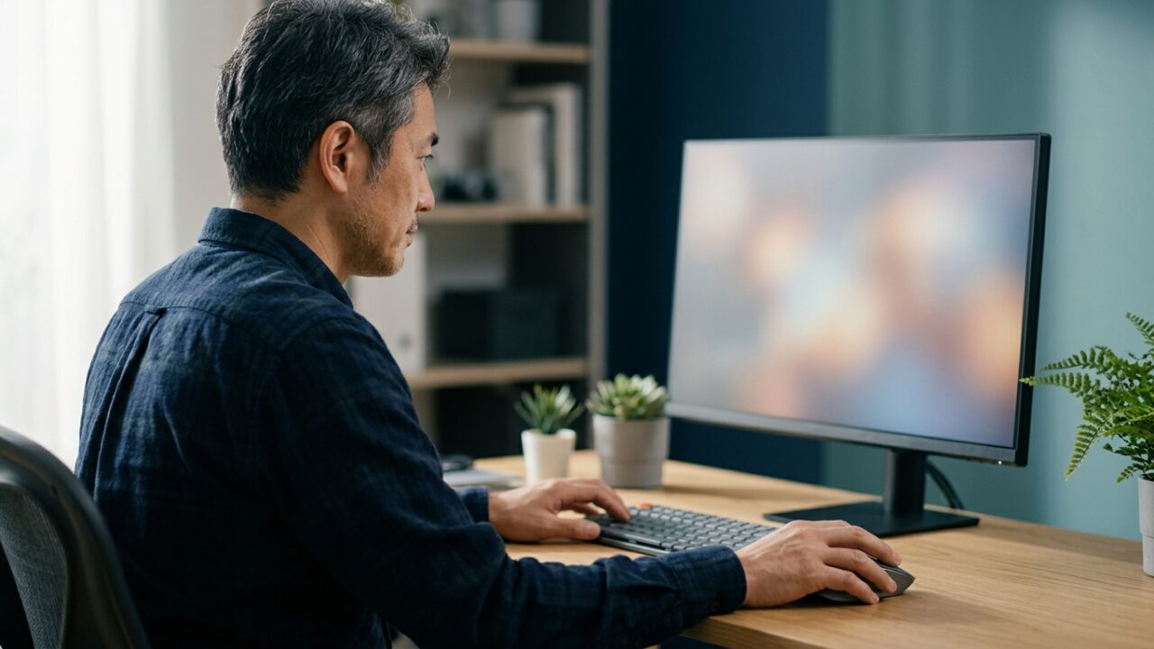 パソコンの画面を確認しながら考える男性