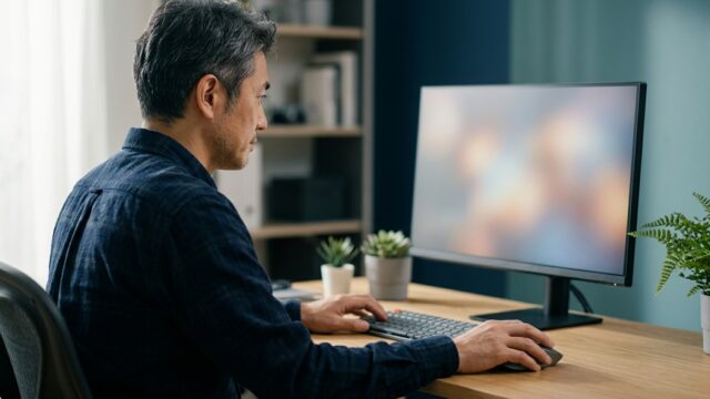 パソコンの画面を確認しながら考える男性