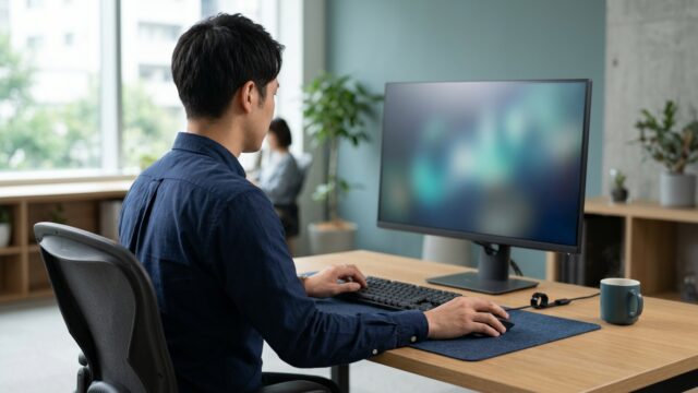 会社のデスクで多ボタンマウスに手を置いてPCに向かっている様子