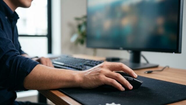 多ボタンマウスに親指を乗せて操作している手元