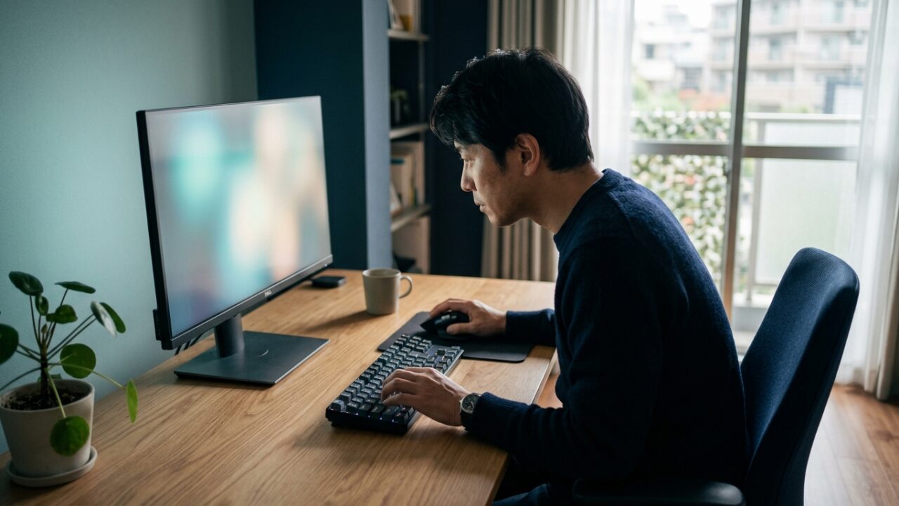 Google日本語入力の変換がおかしいときに、パソコンの前で原因を確かめている様子