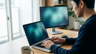 仕様変更の判断基準を考えながらノートPCを操作する男性