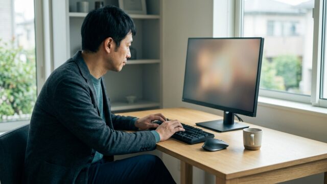 モニタの前で数字を見ながら考えている様子