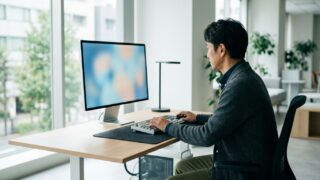 モニタの前で選択肢の設計を考えている様子