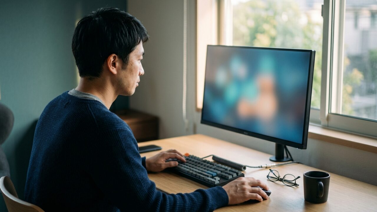 Google日本語入力の既定のIMEが戻る問題をモニタの前で確認している様子
