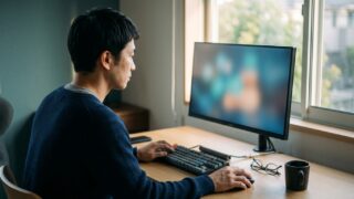 Google日本語入力の既定のIMEが戻る問題をモニタの前で確認している様子