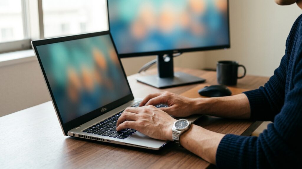 ノートPCを操作して本番データのテスト方法を試している手元