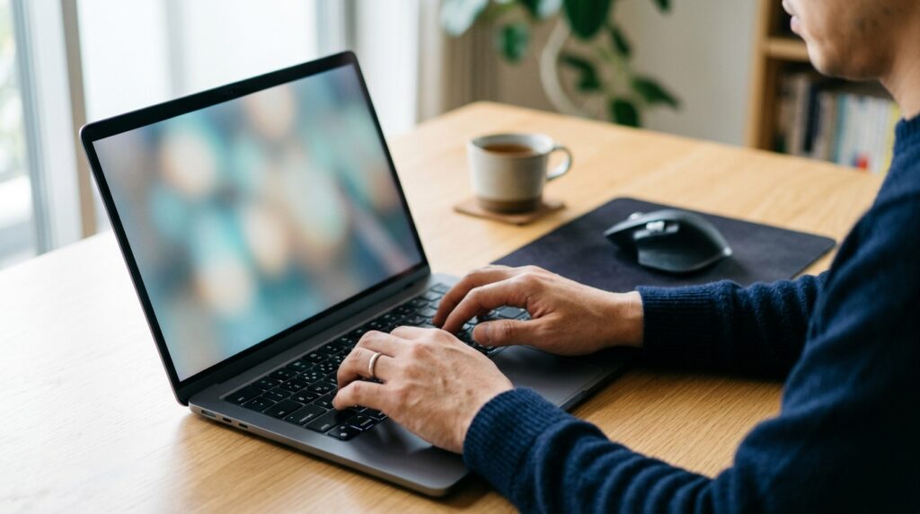 ノートPCで日本語を打ち始めている手元