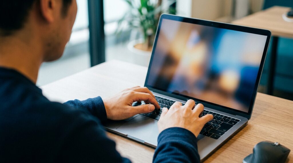 ノートPCのキーボードを操作してGoogle日本語入力の設定画面を開く手元
