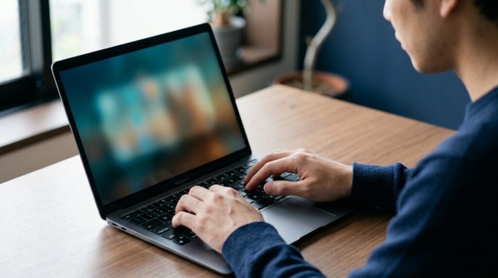 ノートパソコンのキーボードを操作する手元