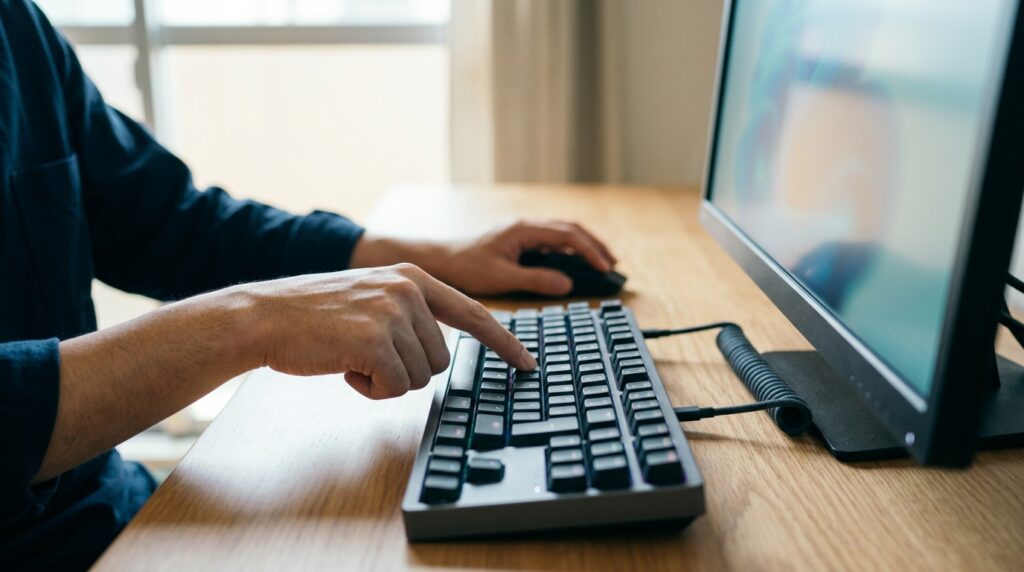 Ctrlキーを押して貼り付けを試している手元