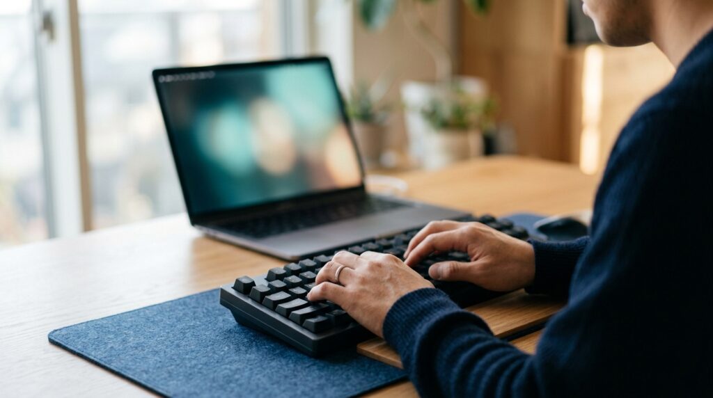 キーボードを操作しながら業務システムのデータを確認する手元