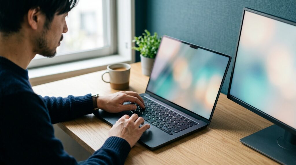 AIに修正を頼む前にノートPCで現状を確認している手元