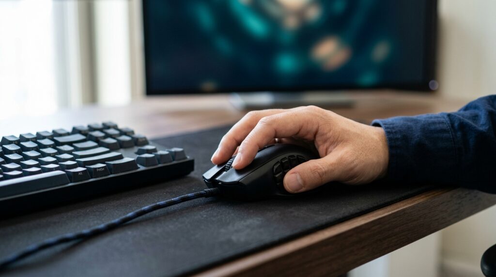 有線の多ボタンマウスの親指側のボタンに親指を乗せて操作しているところ