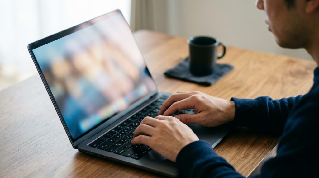 ノートパソコンのキーボードで日本語を入力している手元