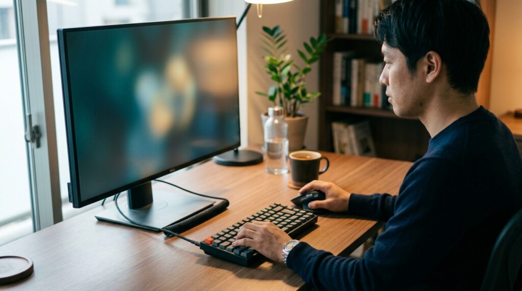 モニタの前で0件の数え方を確かめる会社員