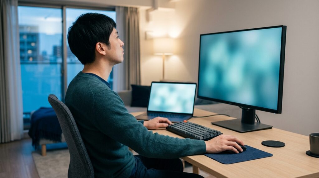 モニタとノートPCを見比べながらインストールできない原因を探している場面