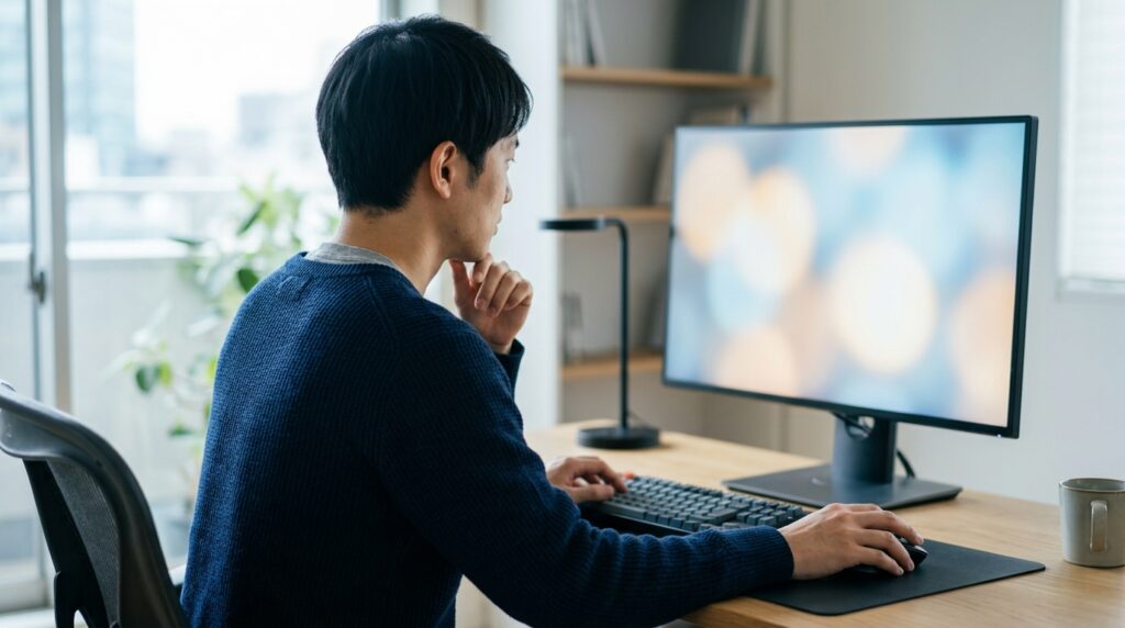 モニターの前でバグの原因を切り分ける会社員の後ろ姿