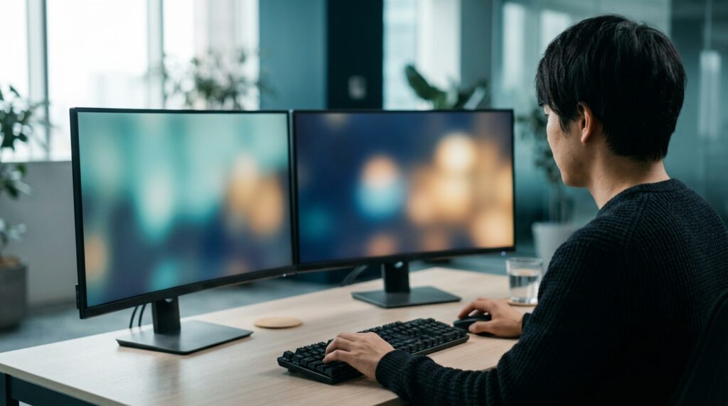 タスクトレイのアイコンを数えながら切り分けているデスクの様子