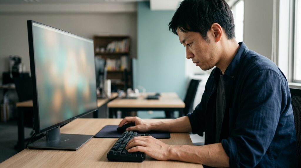 複数の画面を見比べながら原因を確かめる様子
