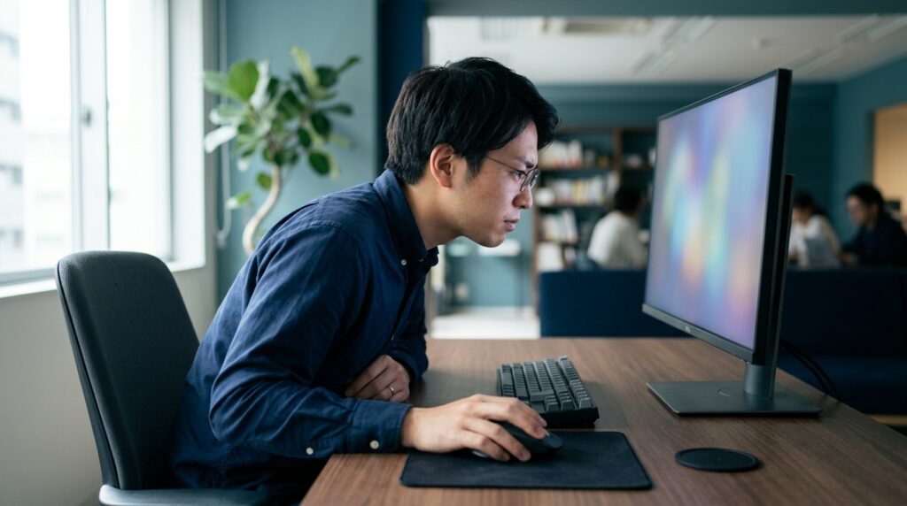 モニターの前で原因を切り分けている男性