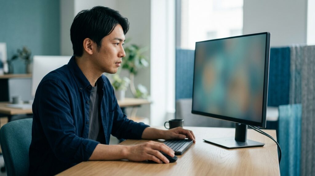デスクトップの画面を確認しながら設定を見直す男性