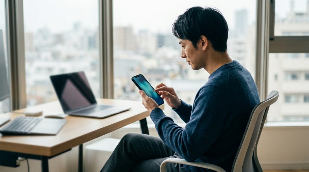 スマートフォンでアクセス解析の画面を確認する男性