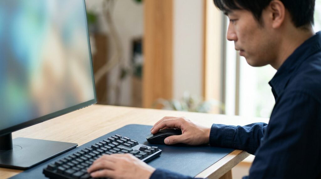 マウスを操作して入力ソフトの設定画面を順に確認しているところ