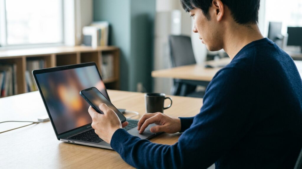 スマホとノートPCで記録の残り方を確かめる場面