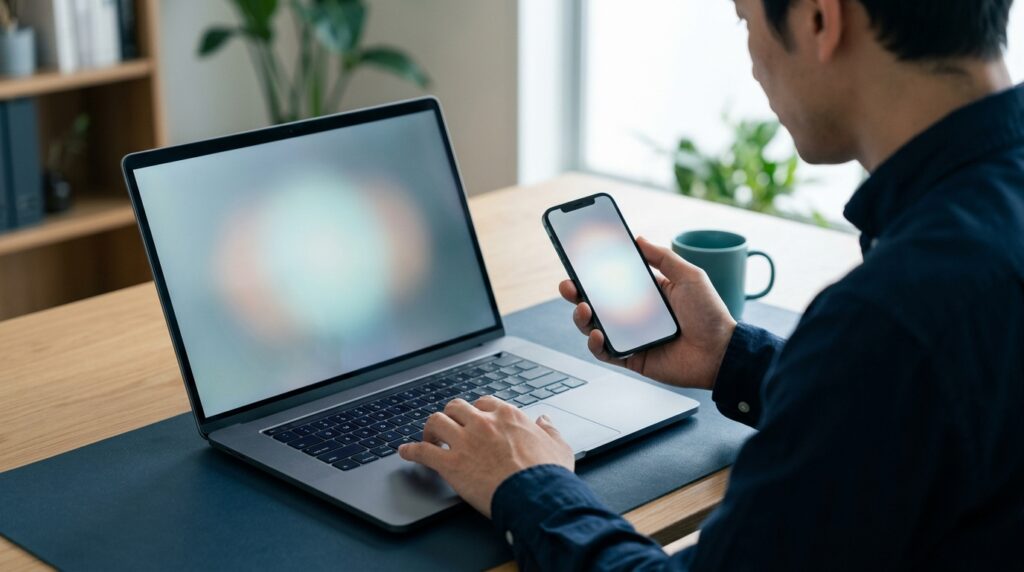 スマホとノートPCで入力画面の決め方を確かめる場面