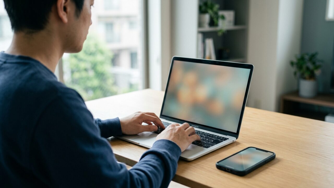 自動化の判断基準を考えながらノートパソコンを操作する男性の手元